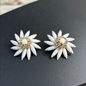 Vintage Judy Lee Milk Glass and Gold Floral Clip On Earrings